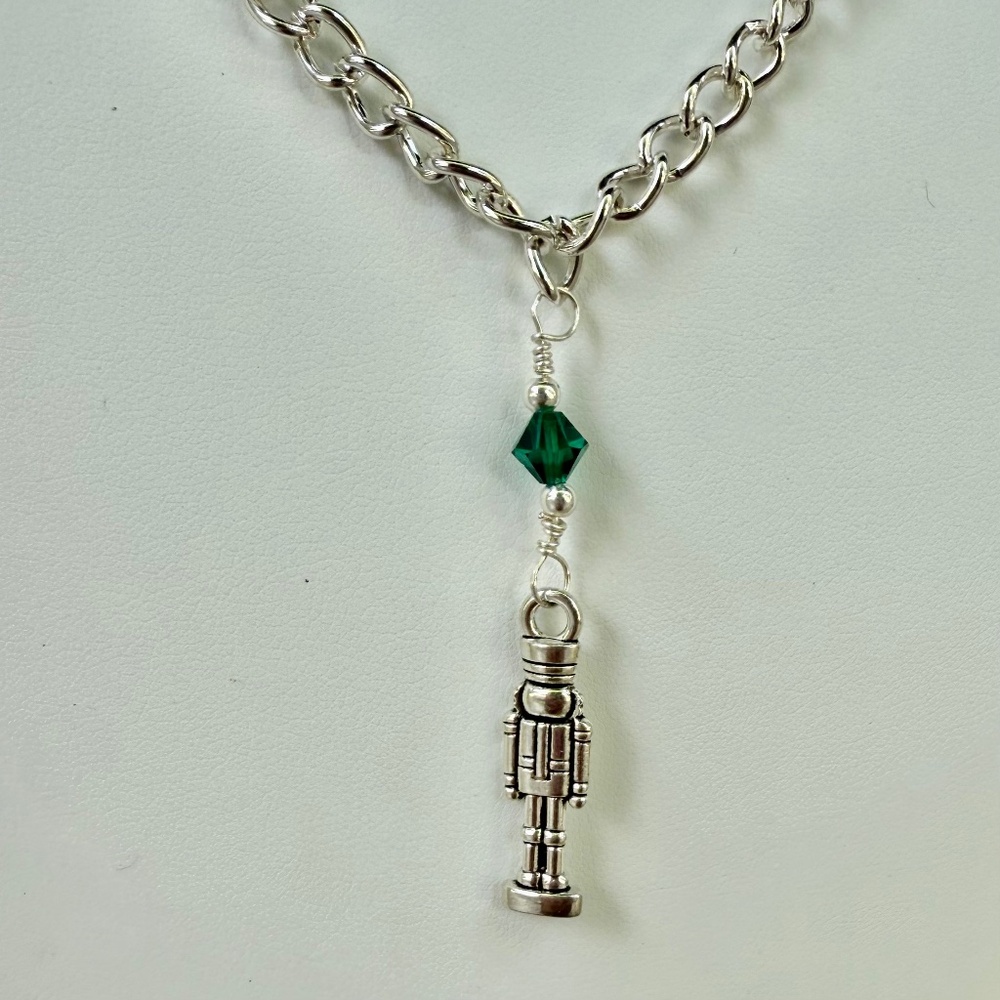 Hand Crafted Antique Silver Toy Soldier with Green Crystal Chain Necklace
